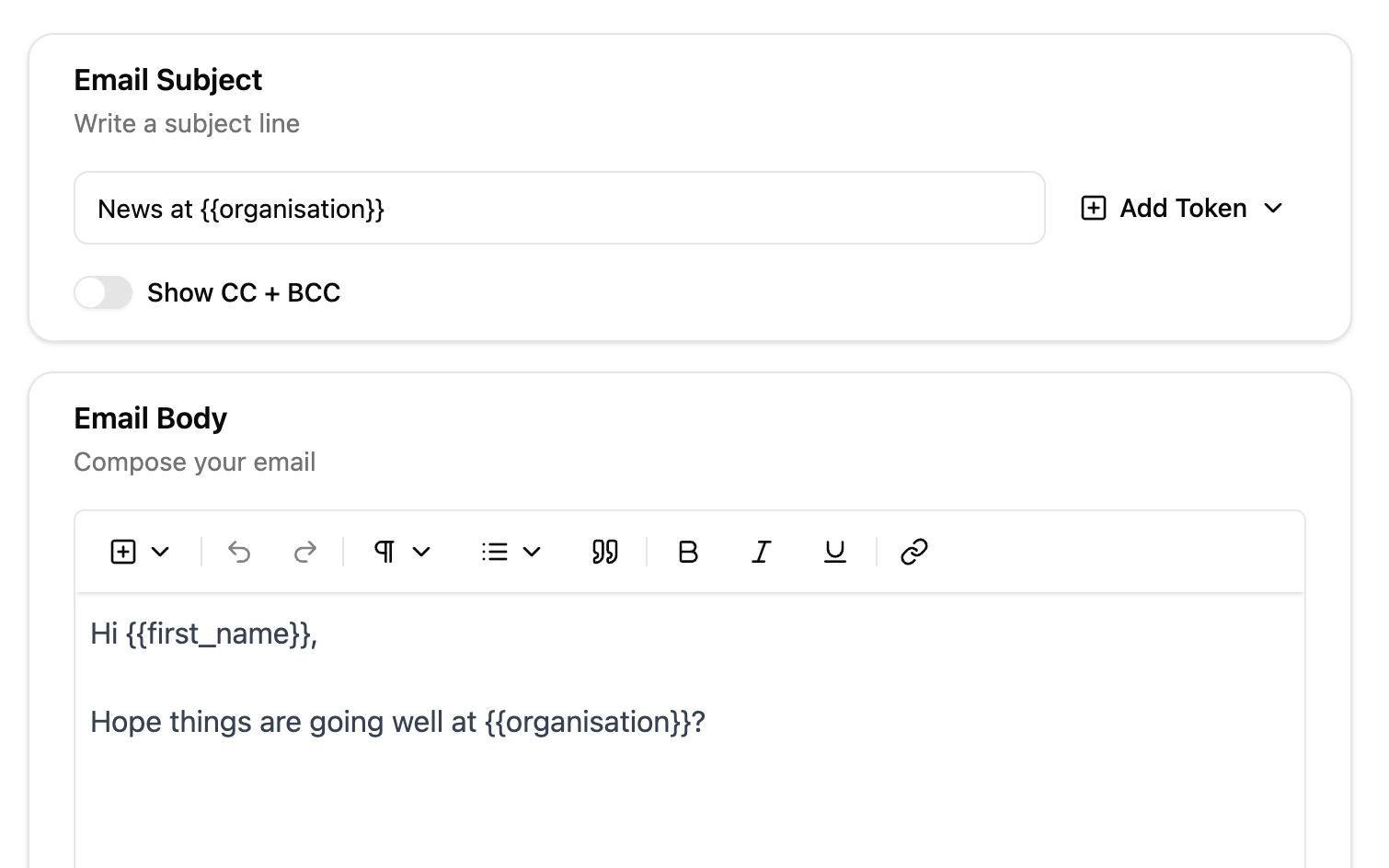 Email composition screen showing a personalized message with variables like {{first_name}} and {{organisation}} embedded in the text