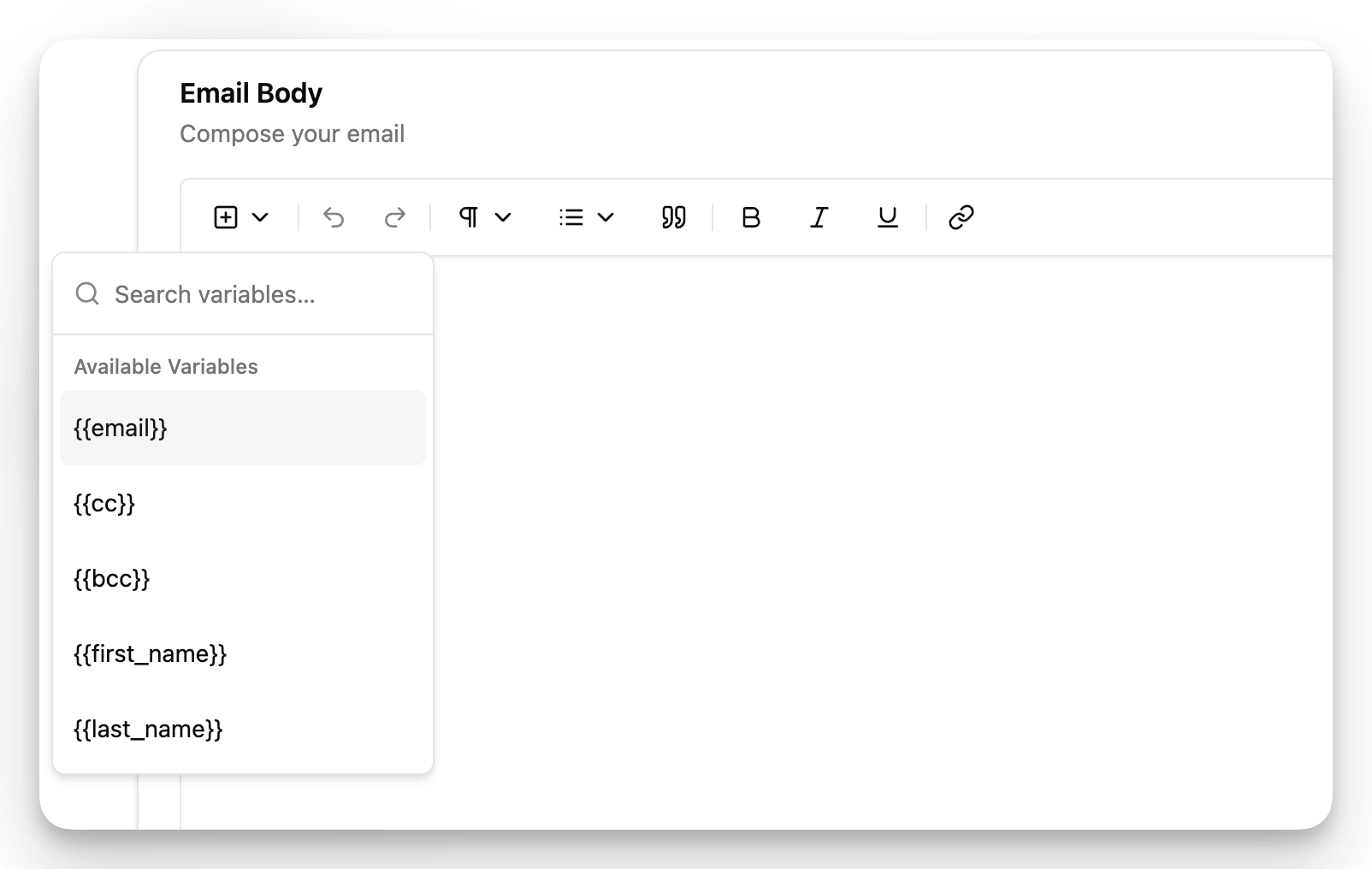 Available variables panel showing merge fields like email, first_name, last_name, and organisation that can be inserted into emails
