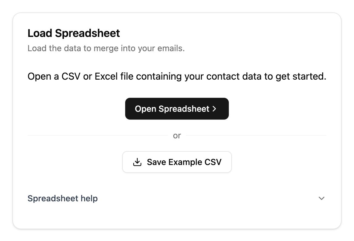 MailPrep interface showing options to load a CSV or Excel spreadsheet, with an 'Open Spreadsheet' button and 'Save Example CSV' option