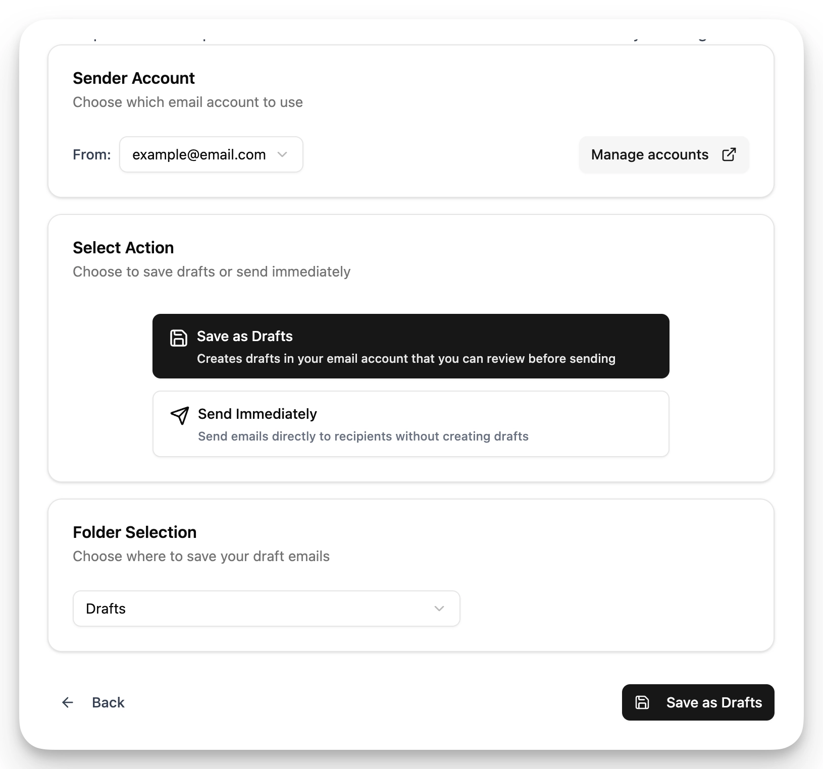 Send options interface showing choices to save emails as drafts or send immediately, with sender account selection and folder options